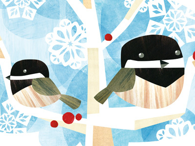 Chickadee bird black collage digital snowflake tree white winter