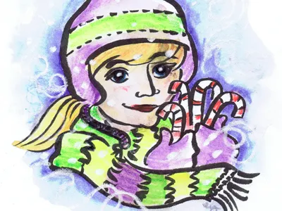 Avent - 1er decembre candy canes christmas girl scarf snow watercolor