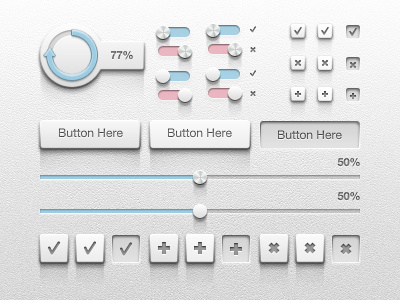 Detailed UI Kit add add art buttons check color cross design detail follow free freebie gui kit loader metal off on photoshop plus psd resource shadow slider sliders switch tick ui user interface ux vector