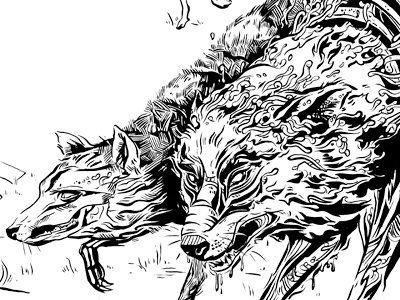 Wolf Zombies on the Prowl black and white horror illustration illustrations ink letterpress linework wolf zombie