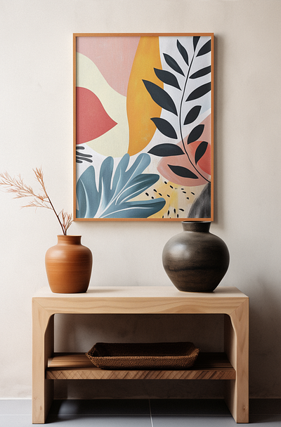 A colorful bohemian abstract painting with plants and leaves and a wooden shelf. bohemian style wall art decor commercial poster use wall art decor