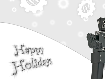 Happy Holidays flakes gears holiday card robot snow