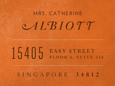 Albiott Return Address burnt orange grunge texture typography