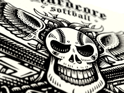 Shot Hardcore illustration logo mark scratchboard skull softball sports wings