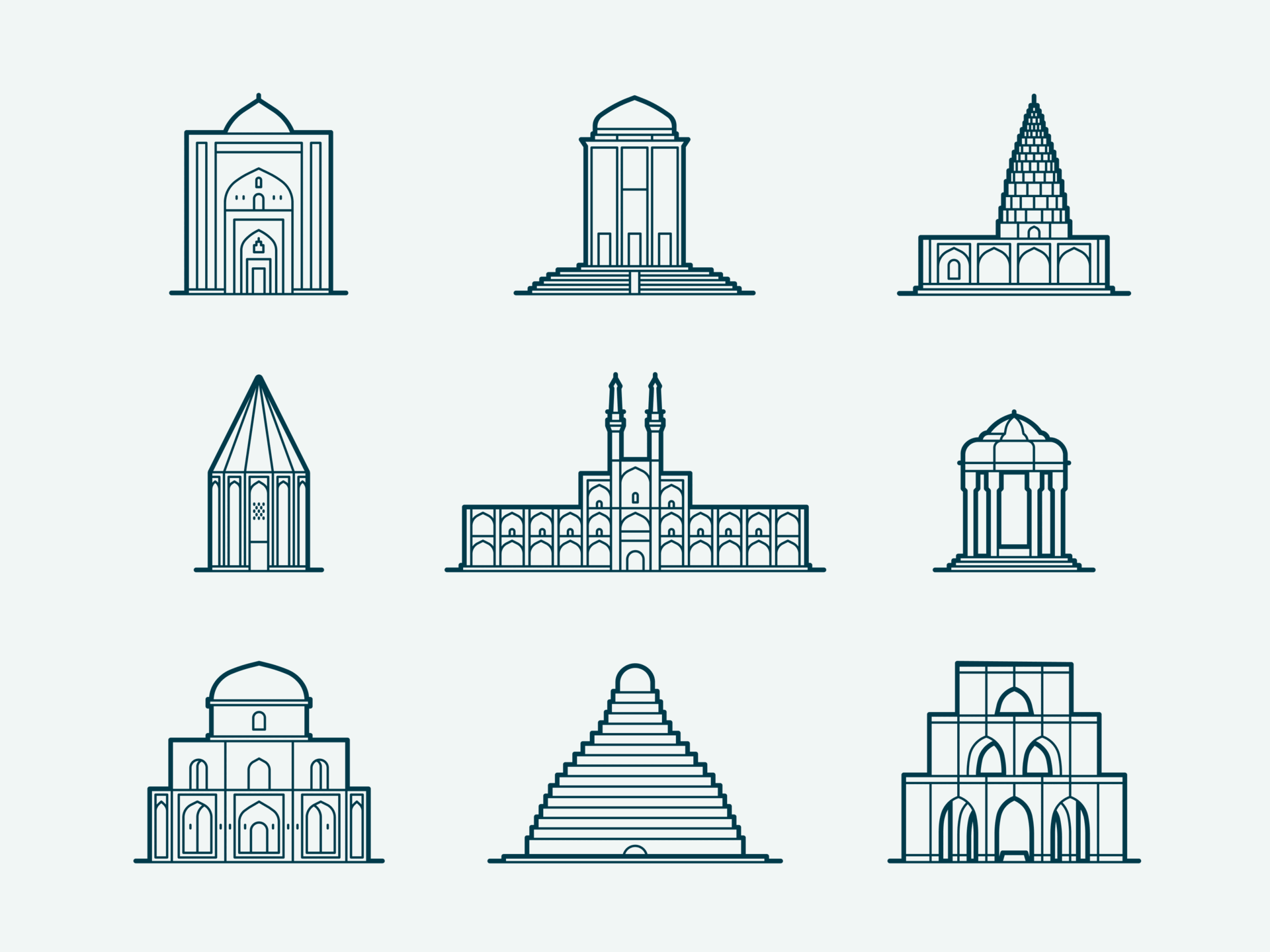 Persian Monuments Icon Set city culturalicons figmacommunity icondesign iconpack iconset iran iranianmonuments persiandesign uiicons