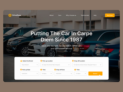 DriveEase: Website Elevating Car Rentals brown and orange theme call to action button car brand selection car rental service clean design customer convenience driveease branding intuitive interface minimalistic design online booking professional service rental booking form responsive design seamless navigation travel services trusted brand user friendly layout vehicle options web design website