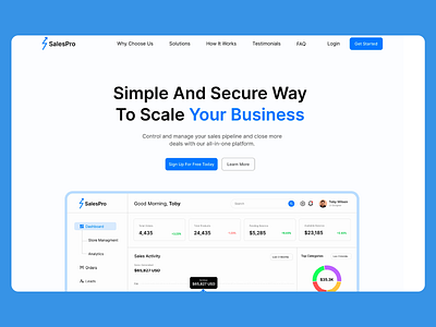 SalesPro: Empowering Business Growth Web Design analytics and insights business analytics business growth solutions call to action buttons customer management intuitive navigation minimal design modern dashboard online sales platform productivity tools professional platform real time data sales management tool sales pipeline control salespro branding scalable solutions seamless user experience user friendly interface web design white and blue theme
