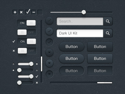 Dark UI Kit (Part 1 & 2) add art button buttons checkbox cross design dropdown element follow free freebie gui interface kit media next pagination photoshop plus previous psd radio resource tick toolbar ui user vector web