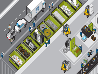 Recycling Station containers electric appliances fork lift truck isometric recycling shredder