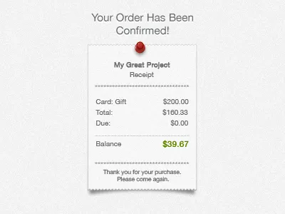 Order Confirmation payment push pin receipt