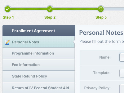 Admin Panel for group of schools clean current step enrollment agreement form left navigation personal notes progress tracker ui