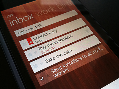 Wunderlist for Windows Phone 7 7 add app checkmark design inbox list metro mobile phone pivot productive ribbon task todo ui windows wood wunderlist