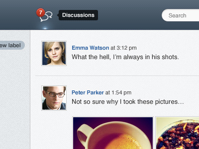 Secret Stuff 7 app avatar blue bubble discussion emma watson highlight icon interface label layout nav navbar peter parker photo search speech texture ui web