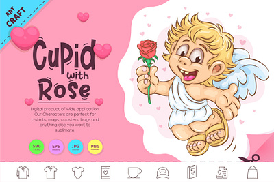 Cartoon Cupid with Rose. amur angel angelic art cartoon character clipart comic cupid design heart illustration mascot romantic rose sticker t shirt valentine valentines day vector