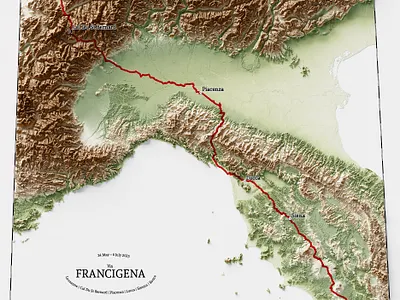 Francigena trail, from Rome to Lausanne cartography custom map dataviz digital art digital design geodata italy map map illustration map poster poster design satellite shaded relief topography