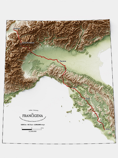 Francigena trail, from Rome to Lausanne cartography custom map dataviz digital art digital design geodata italy map map illustration map poster poster design satellite shaded relief topography