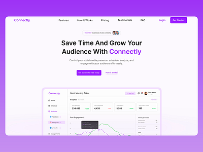 Connectly: Website Streamlined Social Media Dashboard analytics dashboard audience growth branding business tools call to action design clean layout dashboard ui marketing solutions minimalistic style modern homepage productivity software professional platform purple color scheme responsive design sleek website social media management user friendly interface user interface web design website