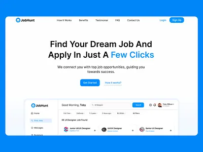 JobHunt Platform blue color palette business platform career search clean design intuitive interface job hunting tool job search ui minimal layout modern aesthetics modern ui platform productivity ui professional design recruitment platform responsive design tech platform ui design user experience web design website