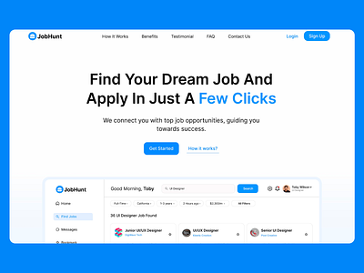 JobHunt Platform UI Concept blue color palette business platform career search clean design employment opportunities intuitive interface job hunting tool job search ui minimal layout modern aesthetics online job portal productivity ui professional design recruitment platform responsive design tech platform user experience user friendly dashboard web application web design