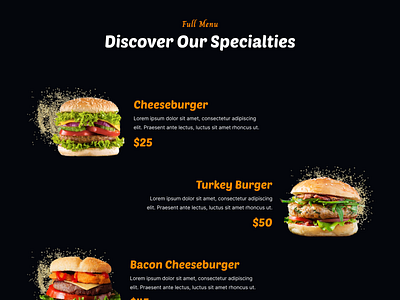 Full Menu Section – BurgerHub’s Mouthwatering Specialties burgerrestaurant dark theme ui digital design figma design food website foodwebsite fullmenu graphic design restaurant menu ui uiuxdesign webdesign website design