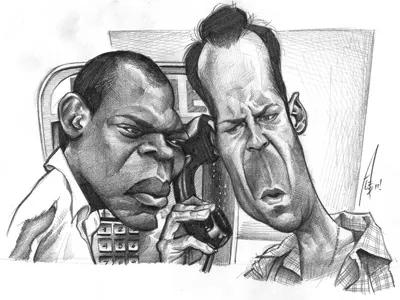 Die Hard 3 caricature by Alex Gallego actor bruce willis caricature caricatures cartoon character cinema die hard humour illustration movies pencil pencils samuel l. jackson