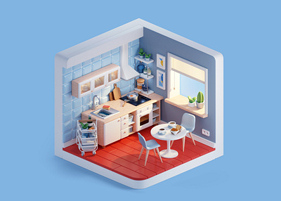 Cozy kitchen interior | 3D isometric illustration 3d 3d illustration 3d isometric blender cartoon cozy cute cycles illustration interior kitchen morning render stylized 3d