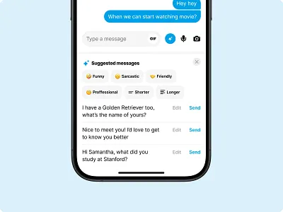 Suggested messages. TypeLess AI Messenger app Less Typing audio branding call chat chatting community inbox message messages messenger messenger app mobile app mobile design splash screen suggested messages typeless typing ui video video call