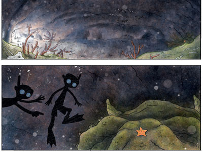 Tentacles: Underwater Cave (color) bones cave fish goggles mussels sea star snorkel starfish underwater