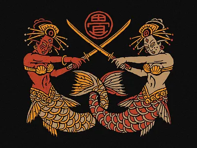 "Mermaid Samurai" for Tatami Fightwear design illustration illustration studio japanese illustration japanese tattoo katana merfolk mermaid no ghost stories tropical tropical design