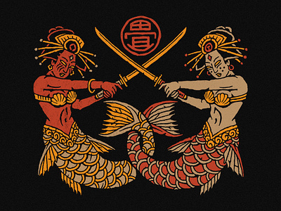 "Mermaid Samurai" for Tatami Fightwear design illustration illustration studio japanese illustration japanese tattoo katana merfolk mermaid no ghost stories tropical tropical design