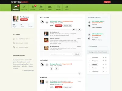 Sports social network dashboard green grid homepage red site social sports texture ui web website