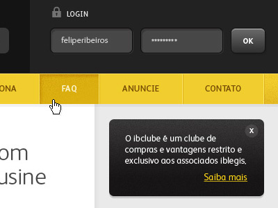 ib clube - login and menu app button e commerce font hover imput input interface login menu typography ui user interface ux web web design webdesign