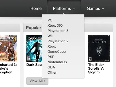 Gaming Site dropdown gray navigation ui video games web design