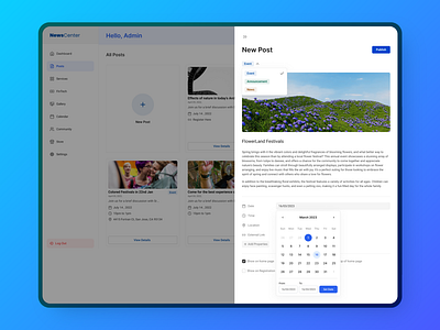 Web Management Dashboard - Add Blog Post admin blog dashboard date desktop modal news non modal post tag management tags web design website