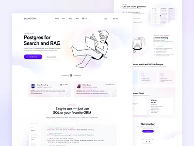 Lantern website proposal ai clean cloud clouds database illustration lantern llm integrations orm postgres sql uidesign vector database vector search webdesign
