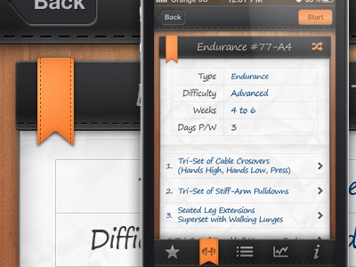 Gym Professor Shuffle App app black exercise gym ios iphone leather orange paper ribbon stitch ui user interface wood workout