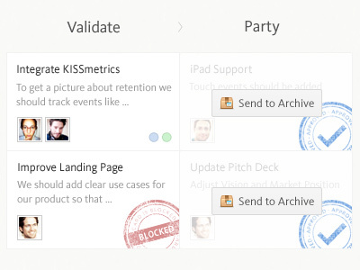 New Feature Cards blocked build done kanban kissmetrics lean learn measure party stages stamps validate