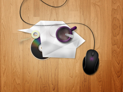 Office cd coffe cup mouse office paper tape wood work