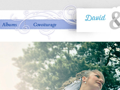 Wedding website banner blue grey header photo ribbon shadow swirls wedding