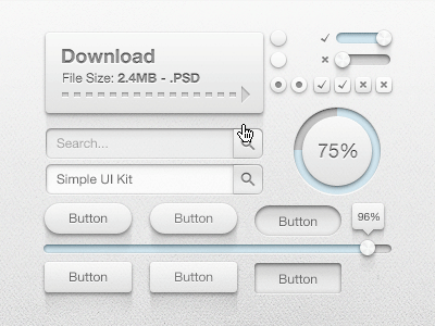 Simple UI Kit ajax buttons checkbox cross design download button free freebie gui loading off on photoshop psd radio resource search slider tick tooltip ui user interface ux vector