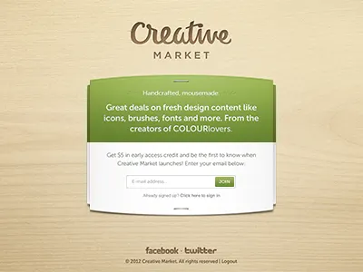 Creative Market beta creative free launch market sharing signup social teaser texture ui wood