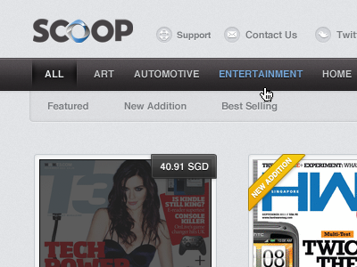 Scoop Portal grey navigation thumbnail ui website