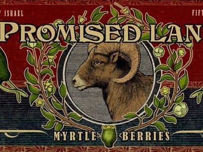 Promised Land - faux vintage fruit crate label for film graphic design illustration typography