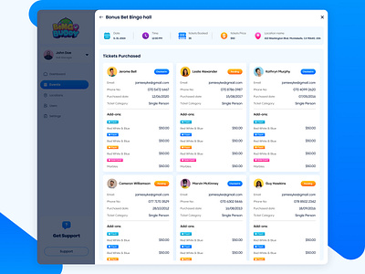 Purchased Tickets bokkings event booking event hall events locations ticked sold ticket details tickets purchades ui design