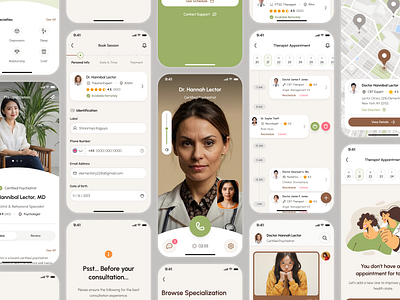 freud v2: AI Mental Health App - Therapist Appointment Booking ai mental health app clean figma ui kit green meditation app mental health app mental health chatbot mental health ui kit mindfulness app minimal mobile app modern online therapist online therapy self care app therapist app therapist appointment therapist booking therapy app therapy appointment