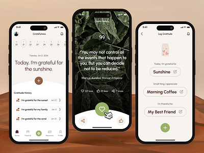 freud v2: AI Mental Health App - Gratitude & Mindful Quotes UI ai mental health app ai therapy app brown clean figma ui kit gratefulness app gratitude ui green journaling app mental health app mental health ui kit mindful assistant app mindfulness app minimal mobile app modern mood tracker app quote app quote ui self care app