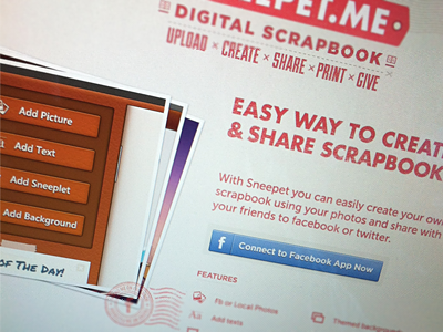 Sneepet.me beta app beta brown coming soon facebook gui homepage icons interface landing page minimal scrapbook sneepet type ui web