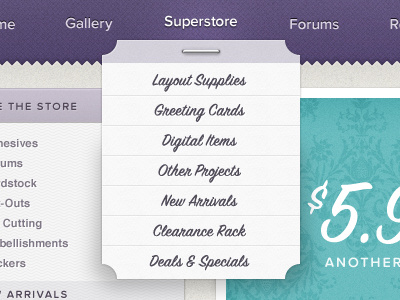 Fancy Drop Down Navigation blue paper proxima nova soft purple script staple texture