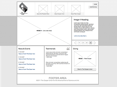 Cooper Union Micro-site high fidelity homepage wireframe