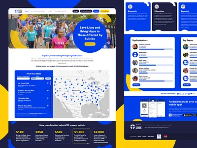 American Foundation for Suicide Prevention (AFSP) Walk Website blue charity circle design donate donation fundraising homepage leaderboard map non profit site suicide prevention ui website yellow